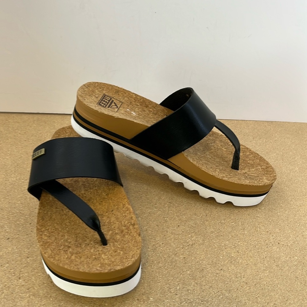 REEF Cushion Sol Hi Platform Sandal in Black, Tan & White Women’s Size 7 - NWOT